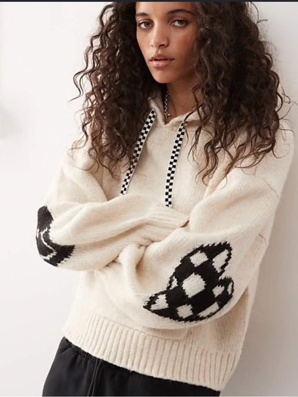 Vans Cream Hoodie Sweater with Black Heart Elbow Patches - Medium, NWT